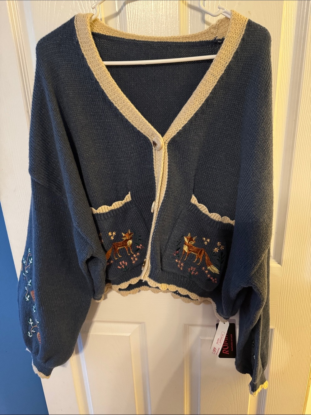 ROMWE Navy & Cream Embroidered Fox Cardigan